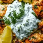 Dump-and-Bake Chicken Tzatziki Rice in casserole