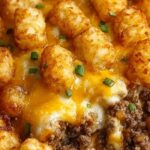Tater Tot Casserole with Ground Beef baked in cast iron