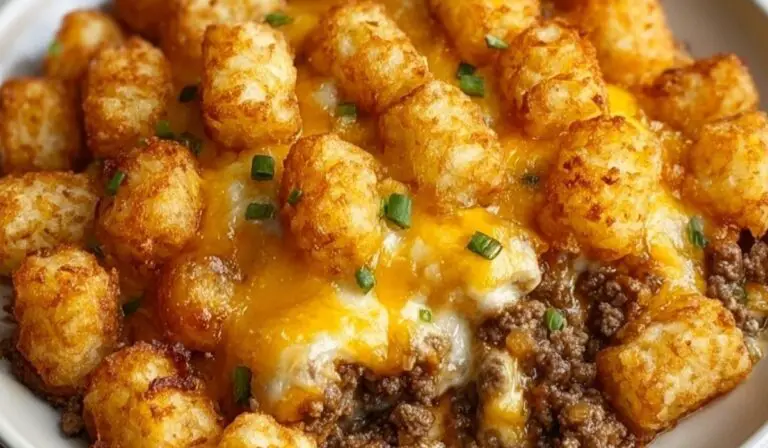 Tater Tot Casserole with Ground Beef baked in cast iron