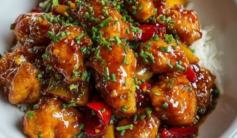 Sweet Chili Chicken glazed with sauce on white plate