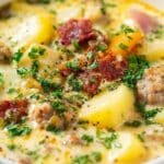 Sausage Potato Soup in rustic bowl