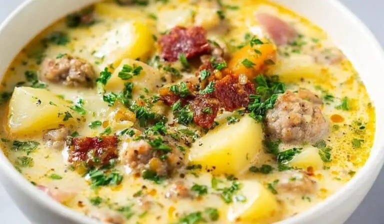 Sausage Potato Soup in rustic bowl