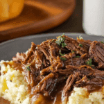 Slow Cooker Beef Manhattan with rich gravy and mashed potatoes