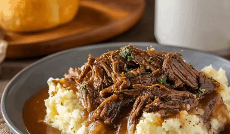 Slow Cooker Beef Manhattan with rich gravy and mashed potatoes