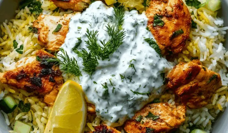 Dump-and-Bake Chicken Tzatziki Rice in casserole