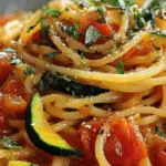 Tomato Zucchini Pasta served in a rustic bowl