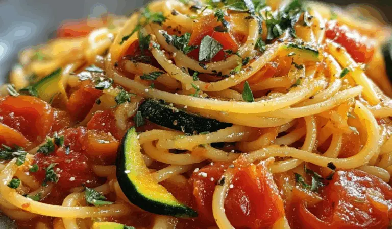 Tomato Zucchini Pasta served in a rustic bowl