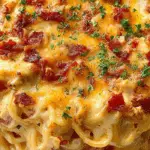 Spicy Southern Cheesy Chicken Spaghetti Casserole in cast iron dish