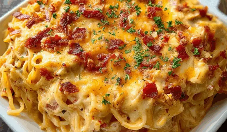 Spicy Southern Cheesy Chicken Spaghetti Casserole in cast iron dish