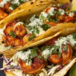 Cilantro Lime Shrimp Tacos with Creamy Slaw on wooden board