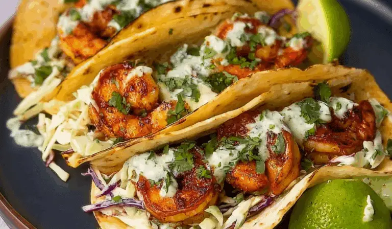 Cilantro Lime Shrimp Tacos with Creamy Slaw on wooden board