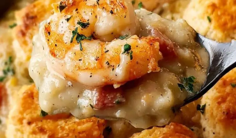 Cheddar Bay Biscuit Seafood Pot Pie on rustic table