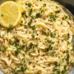 One Pot Lemon Orzo pasta in a rustic kitchen setting