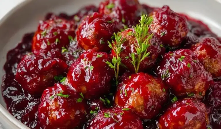 Cranberry Meatballs served in a rustic bowl