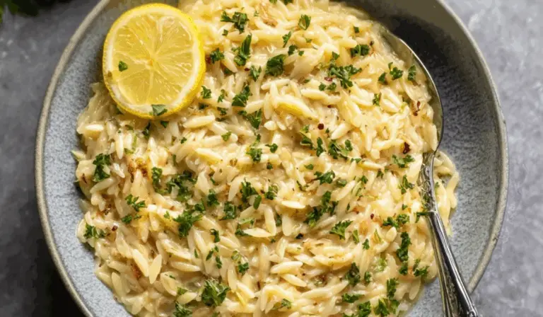 One Pot Lemon Orzo pasta in a rustic kitchen setting