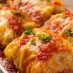 Stuffed Cabbage Rolls in casserole with tomato sauce