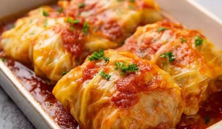 Stuffed Cabbage Rolls in casserole with tomato sauce