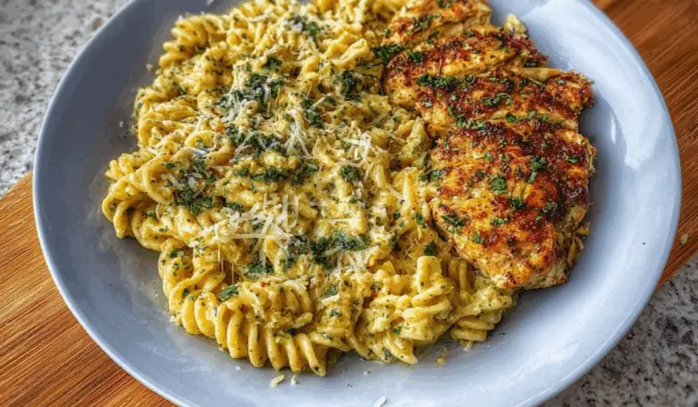 Creamy Garlic Parmesan Chicken Pasta in rustic bowl