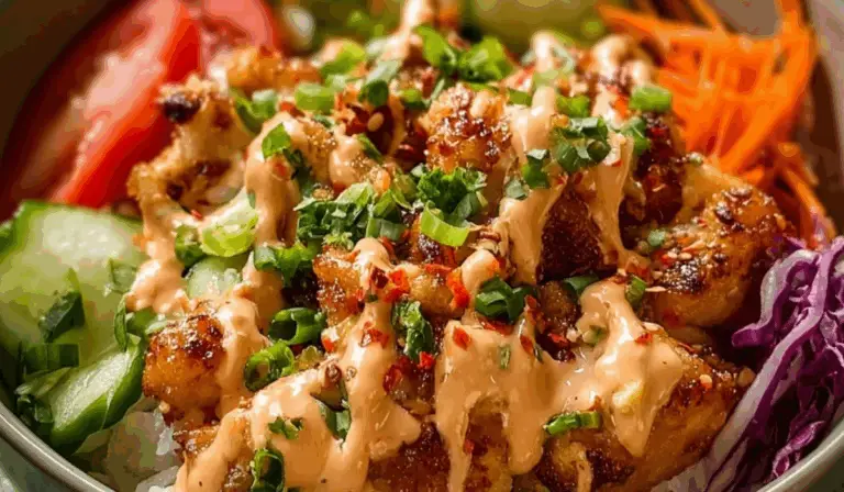 Bang Bang Chicken Bowl with crispy chicken and rice