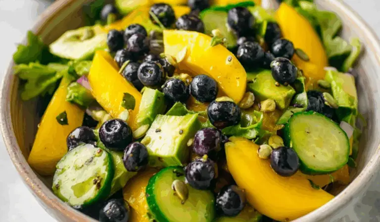 Mango Cucumber Salad with Blueberries and Avocado in a serving bowl