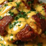 Pretzel Chicken with Mustard-Cheddar Sauce served on rustic plate