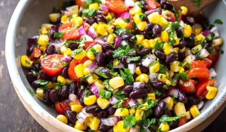 Healthy Corn and Black Bean Salad in a ceramic bowl