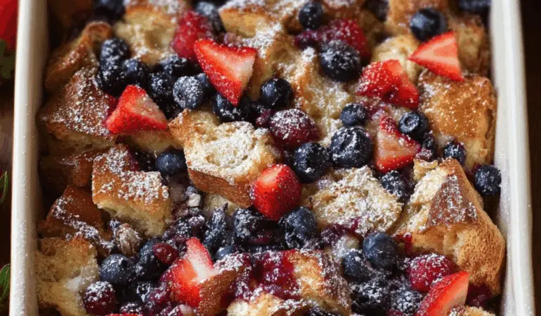 Berry French Toast Casserole freshly baked with mixed berries