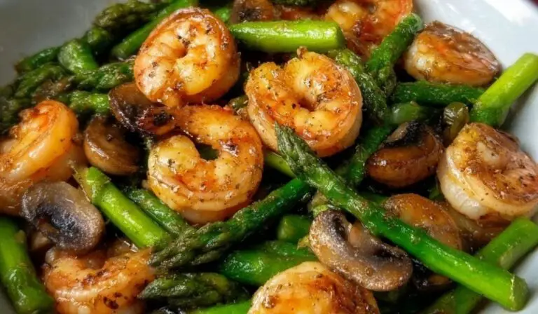 Shrimp and Asparagus Stir-Fry with Mushrooms in bowl