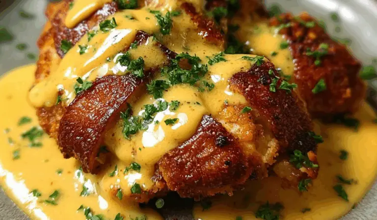 Pretzel Chicken with Mustard-Cheddar Sauce served on rustic plate