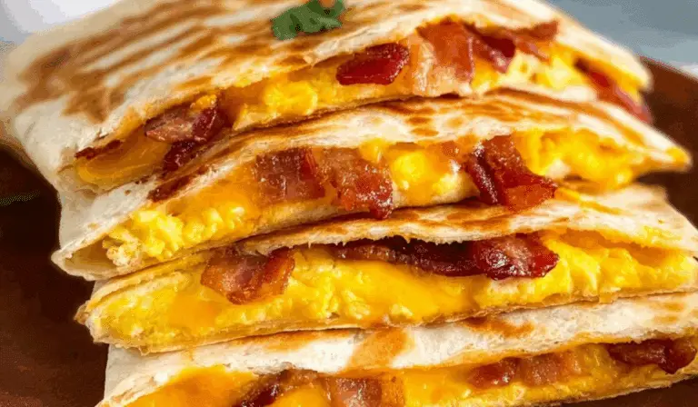 Bacon Egg and Cheese Breakfast Quesadillas served hot with sauces