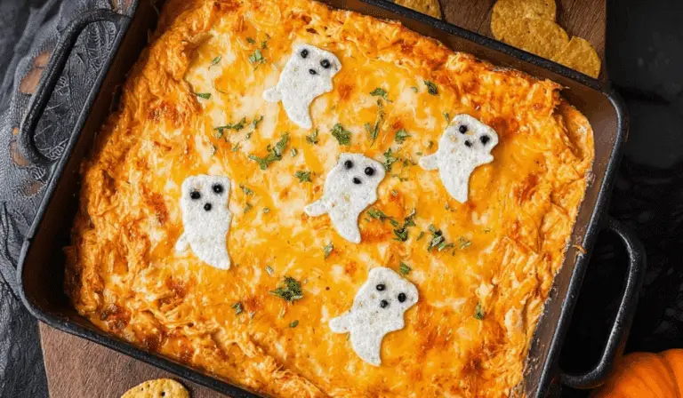 Halloween Buffalo Chicken Dip served in pumpkin bowl