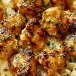 Garlic Butter Chicken Bites with Creamy Parmesan Pasta in white bowl