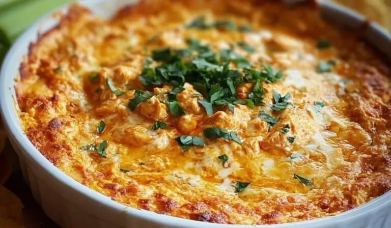 Frank’s Red Hot Buffalo Chicken Dip in white ceramic dish