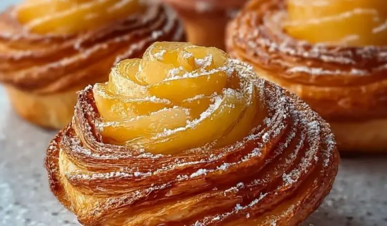Peach Pie Cruffins served on rustic table