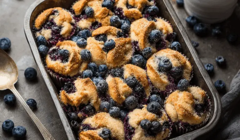 Blueberry Protein Muffins on rustic table