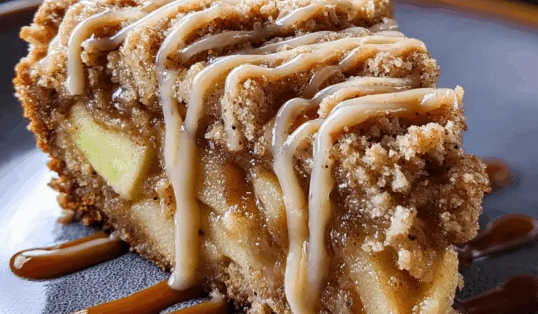 Apple Crumb Cake with Cinnamon Apple Drizzle slice on table