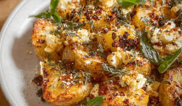 Baked Feta Potatoes with golden crust, fresh herbs, and crumbled feta