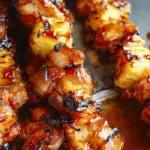 BBQ Pineapple Chicken Kabobs sizzling on grill with pineapple and peppers