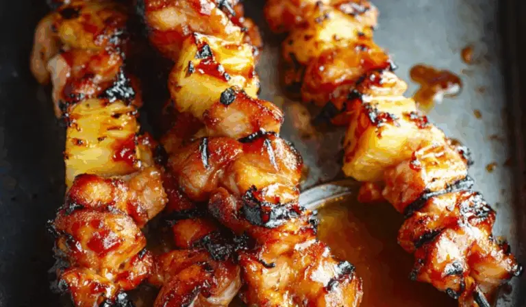 BBQ Pineapple Chicken Kabobs sizzling on grill with pineapple and peppers