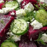 Beet Salad with Feta, Cucumbers, and Dill in rustic wooden bowl