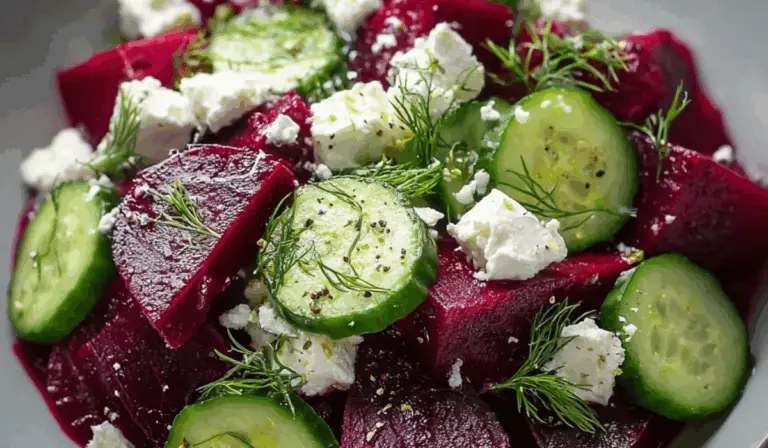 Beet Salad with Feta, Cucumbers, and Dill in rustic wooden bowl