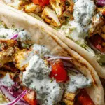 chicken gyros with grilled chicken, tzatziki sauce, tomatoes, cucumbers, and onions in pita bread