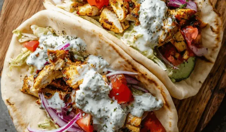 chicken gyros with grilled chicken, tzatziki sauce, tomatoes, cucumbers, and onions in pita bread