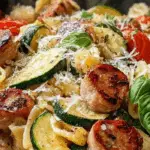chicken sausages with zucchini tomatoes and pasta skillet overhead