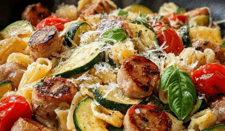 chicken sausages with zucchini tomatoes and pasta skillet overhead