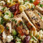 A hearty bowl of Mediterranean Chicken Pasta Salad full of flavor
