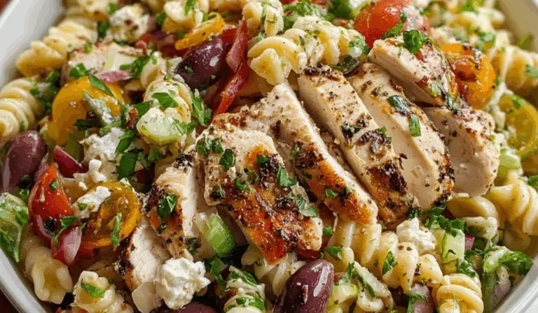 A hearty bowl of Mediterranean Chicken Pasta Salad full of flavor