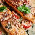 creamy tuscan salmon in skillet with spinach and tomatoes