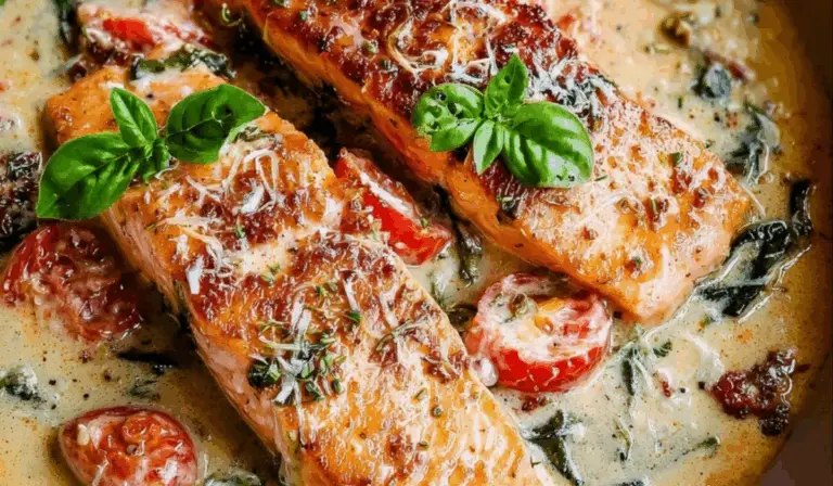 creamy tuscan salmon in skillet with spinach and tomatoes