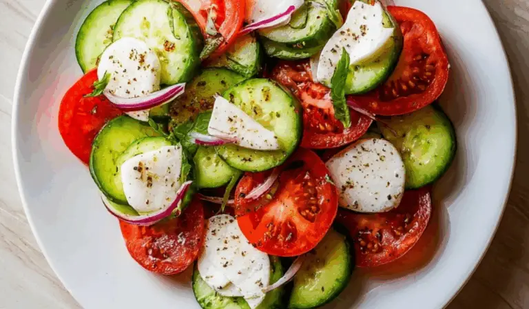 cucumber caprese salad served in a white bowl with tomatoes and basil